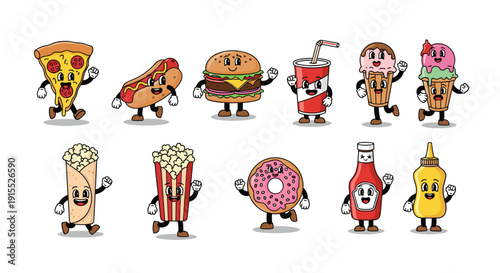Fun fast food mascot characters featuring a walking pizza slice, burger, hot dog, soda cup, ice cream cone, and popcorn box with faces.
