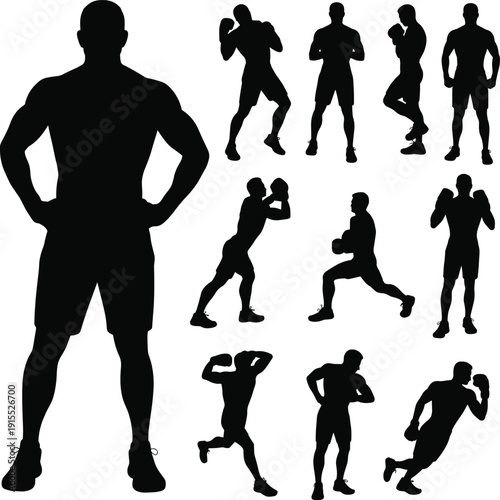 Black silhouette collection of a muscular male athlete posing and training with boxing gloves for fitness gym workout sports and healthy lifestyle concepts.
