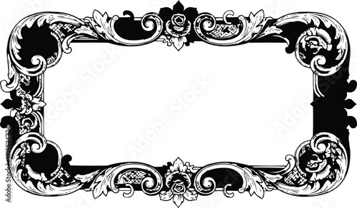described features a decorative black frame with an ornate floral design set against a white background.