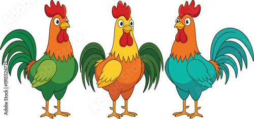 Colorful Rooster Cartoon Character Set with Different Feather Variations for Farm Animal Illustration, Children Book Design, Mascot, and Rural Agriculture Themes