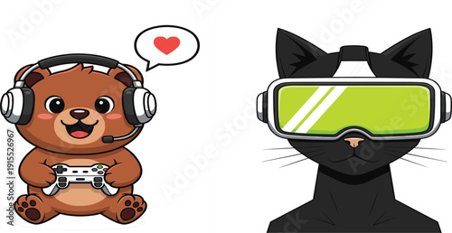 Cute Teddy Bear Gamer with Headset Holding Controller and Black Cat Wearing VR Goggles Illustration for Gaming Streams, Esport Mascots, and Virtual Reality Technology Designs