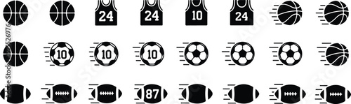 Set of sport equipment icons basketball, soccer ball, american football, and jersey icons, including motion line variations