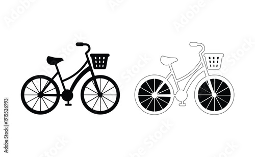 Two bicycles with baskets, one black and the other white, drawn in a simple line art style. Vector