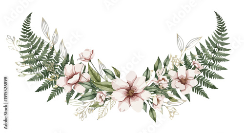 Beautiful floral wreath with lilies and ferns, delicate watercolor illustration from a front viewpoint