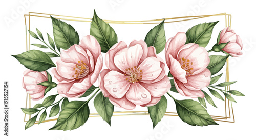 Floral arrangement with pink flowers and green leaves in a gold frame viewed from the front