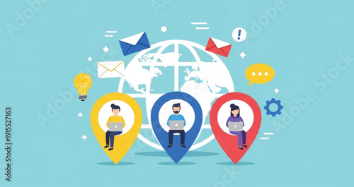 Global Online Communication and Remote Team Collaboration Concept with People Using Laptops, Location Pins, Email Messages, and Digital Networking Across Worldwide Business