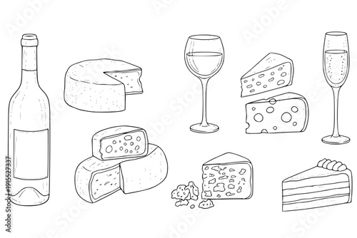 Minimalist hand drawn food and drink  illustration. Wine, champagne glass, cheese, cake drawings for wedding invitations.