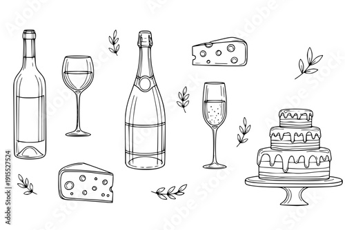 Minimalist hand drawn food and drink  illustration. Wine, champagne glass, cheese, cake drawings for wedding invitations.