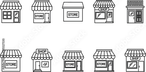Minimalist Black and White Storefront Icon Set Featuring Various Shop Facades and Boutique Outlines for E-commerce Websites, Business Apps, and Map Illustrations