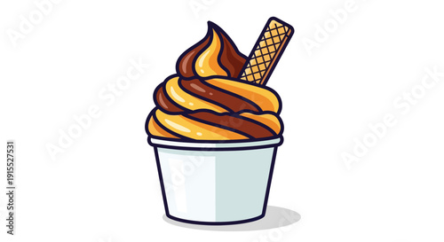 Swirled Chocolate and Vanilla Soft Serve Ice Cream with Wafer Stick in a Cup.