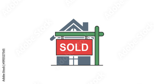 Stylized House Icon with Red SOLD Sign for Property Sale.