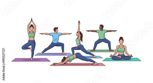 Group of People Practicing Yoga Poses on Mats Diverse and Healthy Lifestyle.