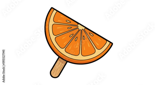 A refreshing orange slice popsicle on a wooden stick depicted in a stylized illustration.
