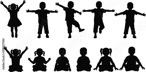 Set of children silhouettes jumping playing and sitting in yoga poses representing happy childhood youth health education and active lifestyle,