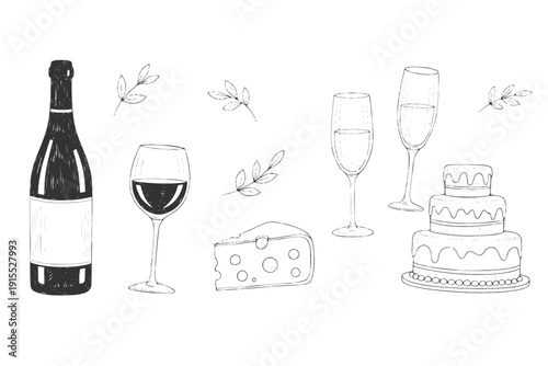 Minimalist hand drawn food and drink  illustration. Wine, champagne glass, cheese, cake drawings for wedding invitations.