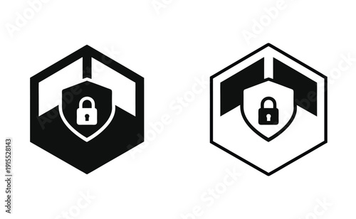 Two black and white security icons with a shield and lock symbol Vector