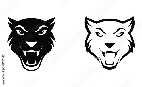 Two fierce black and white animal heads with open mouths and sharp teeth. Vector