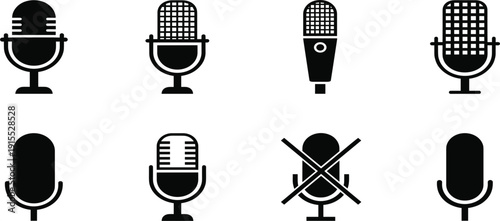 Set of Minimalist Black Microphone Silhouette Icons Including Studio Condenser, Mute Symbol, and Podcast Mic Shapes for User Interface Design and Audio App Navigation