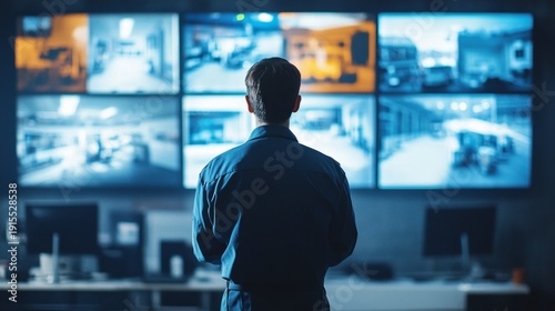 Security guard monitoring cctv surveillance systems control room digital footage high-tech environment professional viewpoint