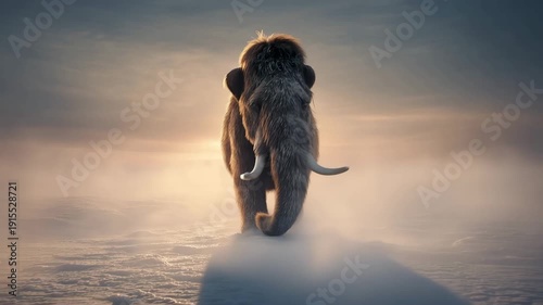 4K Majestic woolly mammoth walking through a misty, snowy landscape at sunrise, an ancient giant in a prehistoric, cold wilderness video