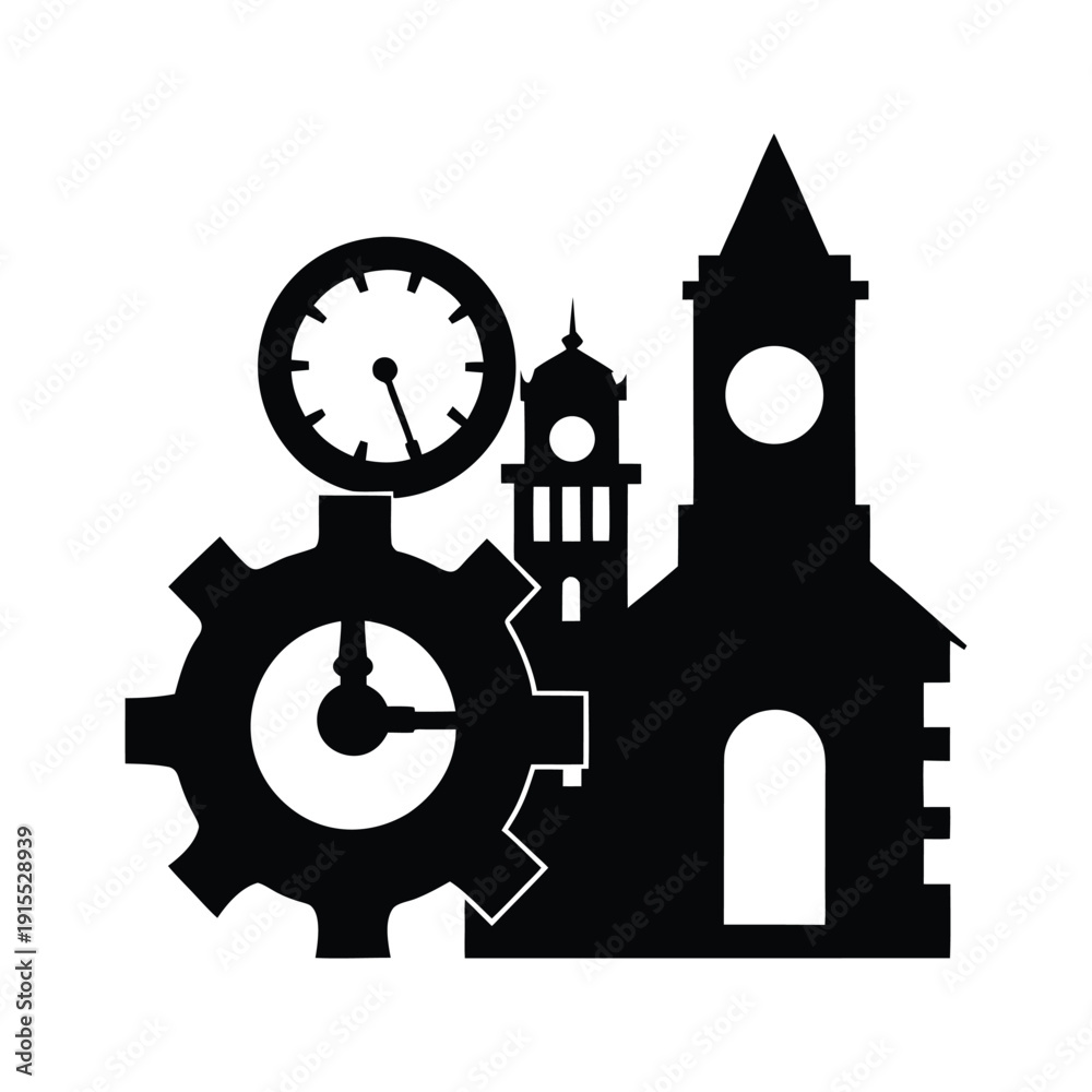 Fototapeta premium A vintage clock tower with gears and a clock face in the foreground Vector