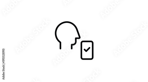 Simple line icon of a head with a speech bubble and a checkmark on a document.