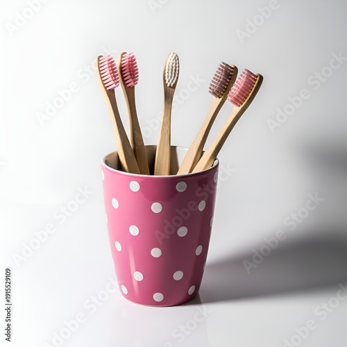 Bamboo toothbrushes in a pink polkadot cup on a white surface