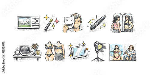 Entertainment and theater silhouette icon set. Performing arts, cinema, leisure icons.