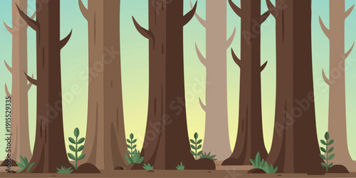Minimal flat vector of tall pine forest with natural earthy tones. Perfect for nature background, wilderness concept, eco design, outdoor adventure, and environmental themes.