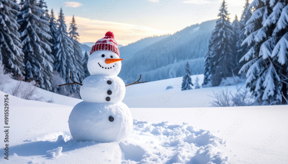 Obraz premium A cheerful snowman stands in a snowy landscape against a backdrop of evergreen trees and mountains
