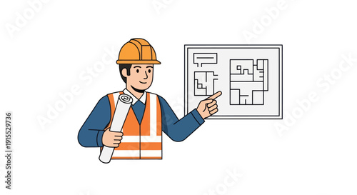 Architect in Safety Vest Pointing at Building Blueprint.