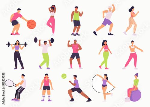 Diverse group of people engaged in various fitness and exercise activities