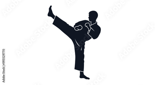 Dynamic Martial Artist Silhouette Performing High Kick Vector Illustration.