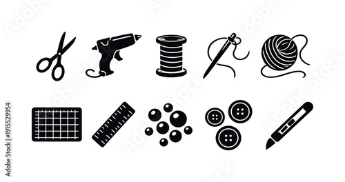 Craft tools silhouette icon set for sewing, knitting, diy projects, and art supplies