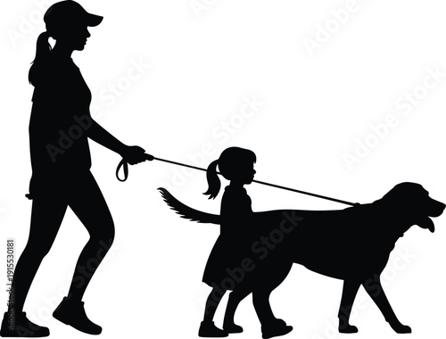 Black silhouette of a mother and her young daughter walking their large pet dog on a leash for family bonding and outdoor lifestyle concepts.