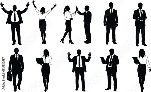 Set of successful business people silhouettes including businessmen and businesswomen in suits celebrating walking and working with laptop and tablet,