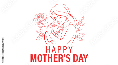 Happy mother's day celebration with line art illustration of a mother embracing her baby surrounded by roses and leaves