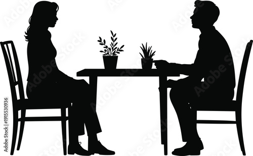 Black silhouette of a young man and woman sitting at a table with plants during a romantic date or business meeting at a cafe.