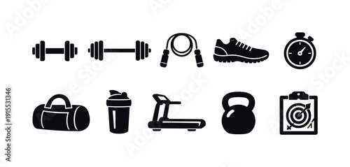 Fitness, workout silhouette icon set. Gym, exercise, equipment icons collection