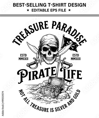 Pirate life illustration with skull and swords and treasure chest on transparent background for tshirt design