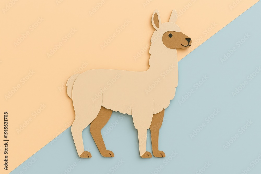 Obraz premium Whimsical paper cutout illustration of a llama standing upright, featuring soft cream and tan tones in a layered papercraft style, placed against a pastel-colored background.
