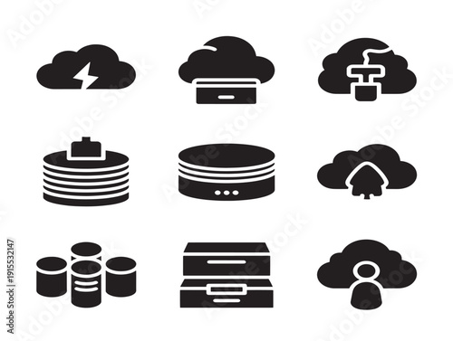 Cloud Storage Silhouette Set Featuring Secure Server Icons