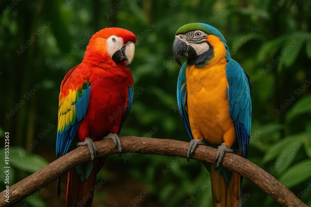 Obraz premium Two vibrant macaws perched on a branch in lush tropical rainforest, showcasing exotic wildlife, bright feathers, and natural harmony in a jungle setting.