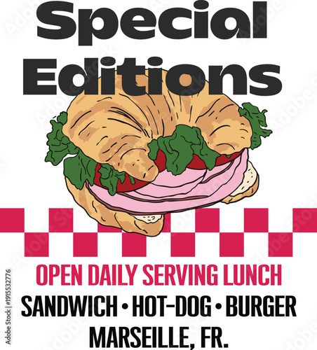 This vector sandwich art set features a sandwich for a t-shirt design, an animated fast food menu, and tee print design, open daily serving lunch, hot dog shop