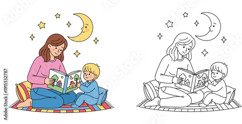 Mother Reading Bedtime Story to Child Under Moon and Stars