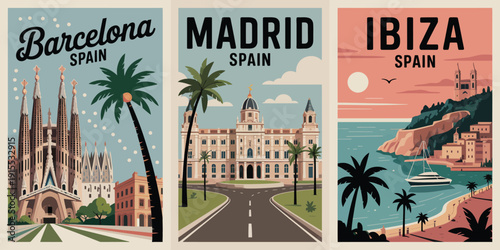 Barcelona Spain Palacio de Linares Poster, black cursive Barcelona SPAIN text, grand palace building, curved road composition