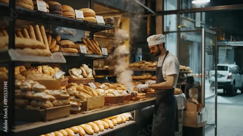 a man is a baker in a bakery. Selective focus