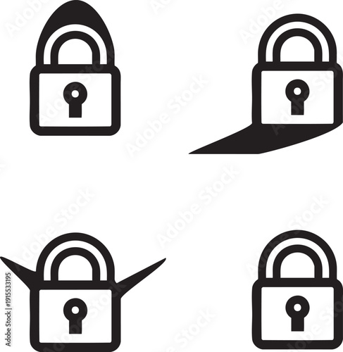 A set of security padlock icons featuring open and closed metal locks with keyholes for web safety and internet access protection in a vector illustration design