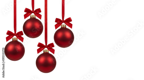 Four Red Matte Christmas Baubles with Bows Hanging on Ribbons