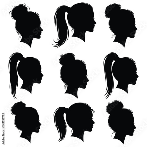 Set of Various Women Hairstyles Profiles with Ponytails and Buns Silhouette Collection
